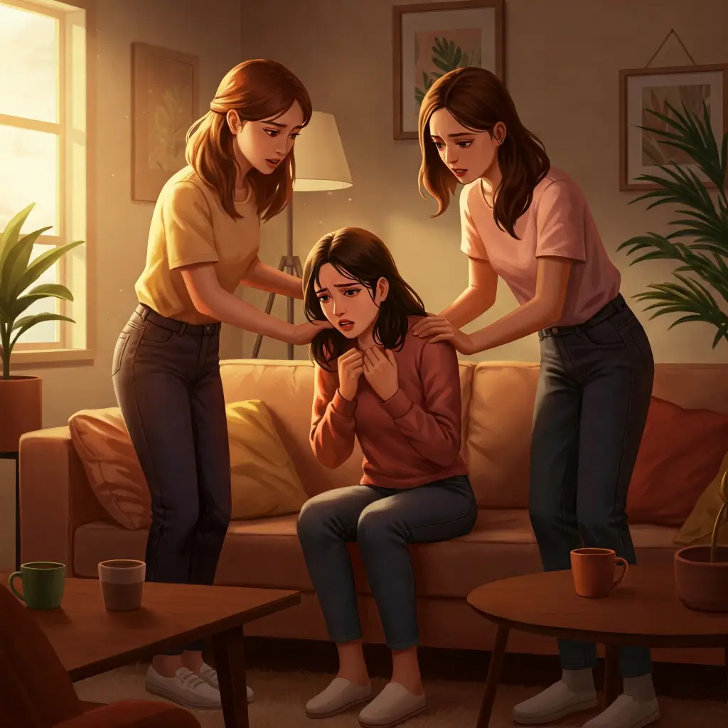 amigas consolando a chica con ataque de panico