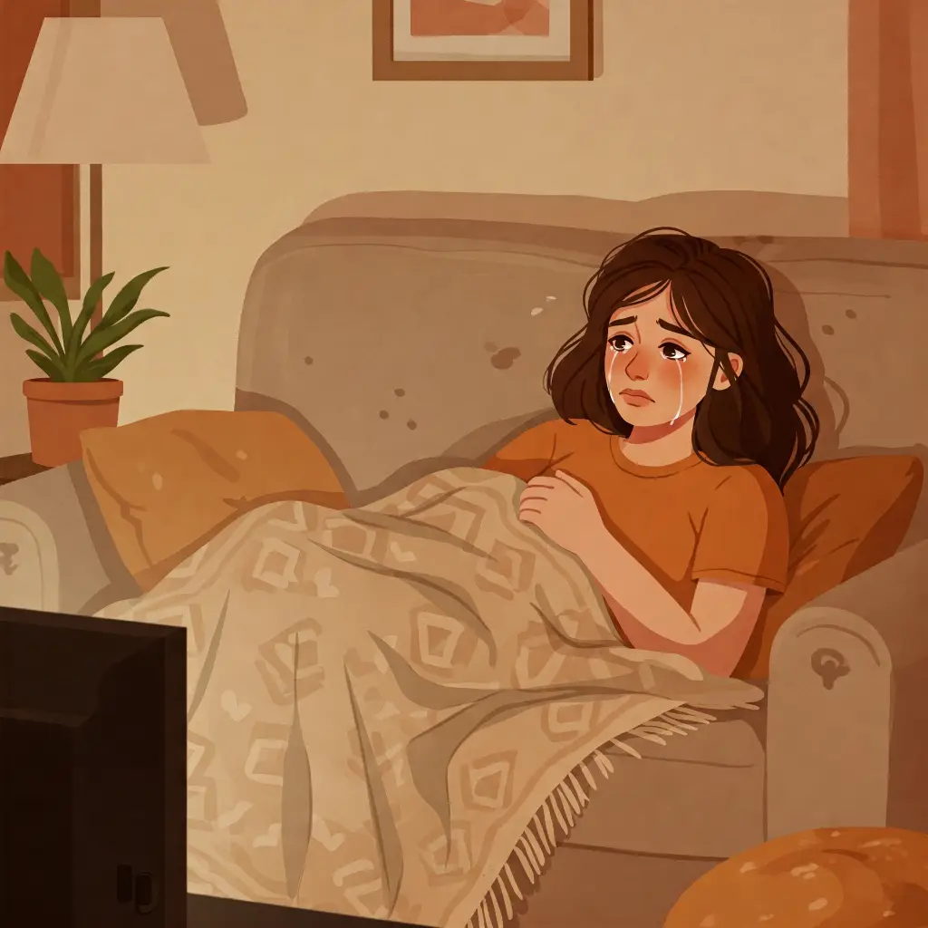 mujer acostada en el sillón tapada viendo tv