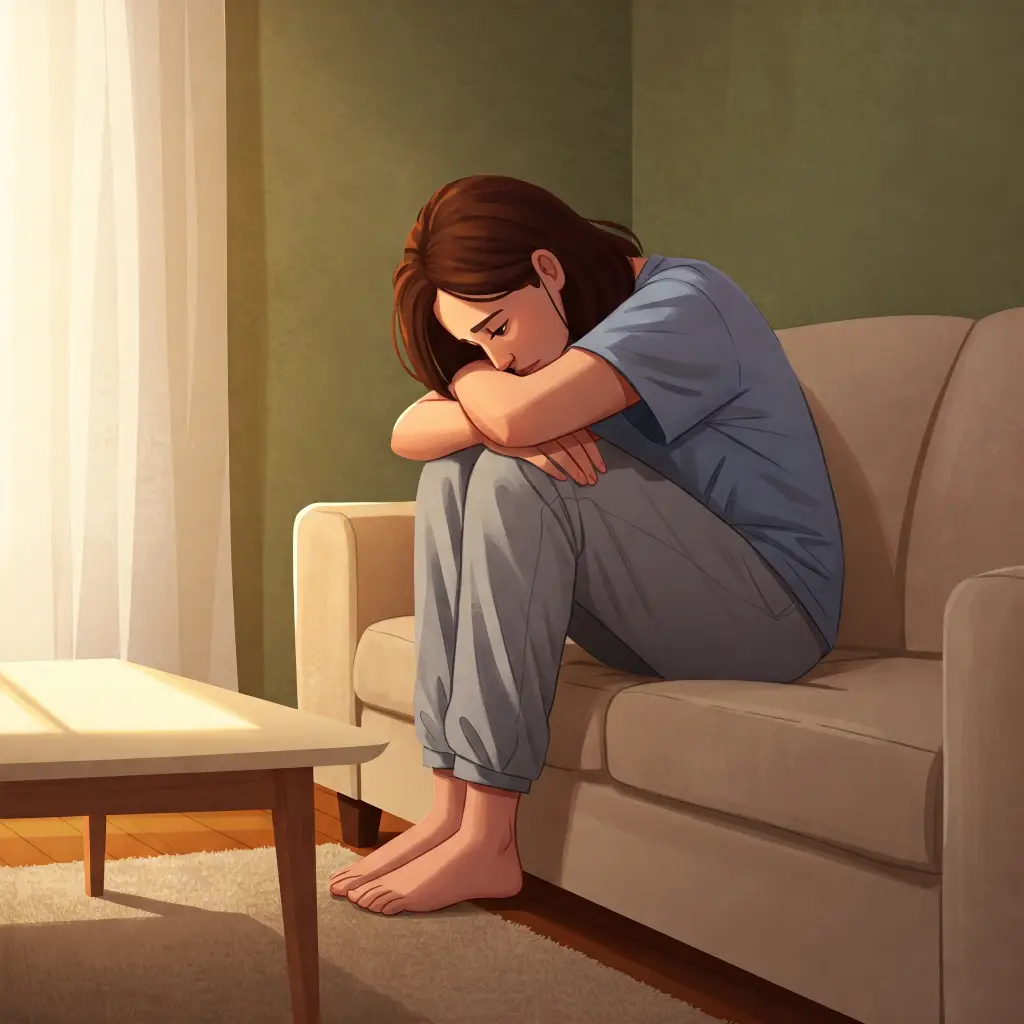 mujer triste sentada en sillón